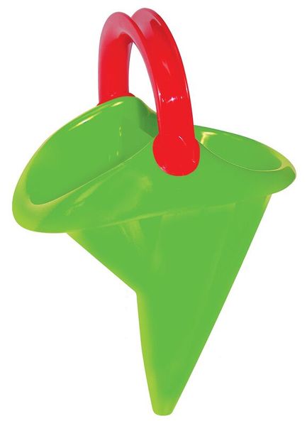 sand toy, sand bucket, green cone, red handle, plastic toy