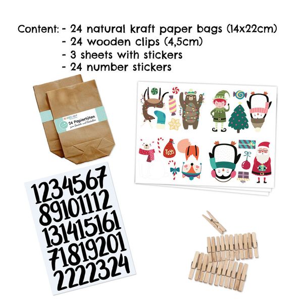  Kraftpapier, Papierbeutel, Holzneclips, Zahlenaufkleber, Stickerbogen
