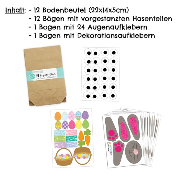 Osterhasentüten, 12 Stück, bunt gemischt - Bastelset (SONDERANGEBOT)