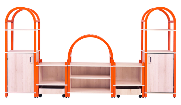 modulares Regal, oranger Rahmen, Holzregal, Aufbewahrungseinheit, Schrank auf Rollen