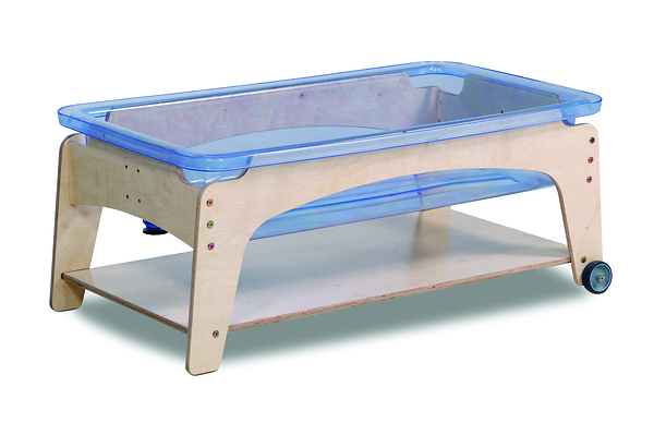 kids table, play table, wooden frame, blue tray, storage shelf