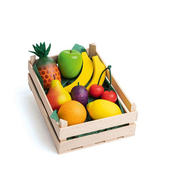 holzkorb, spielzeug-früchte, holzbox, obst-set, trotz allem farben