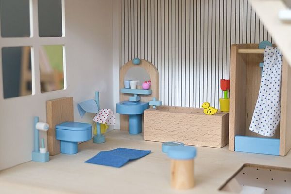 Miniatur, Puppenhaus, Badezimmer, Holz, Blau