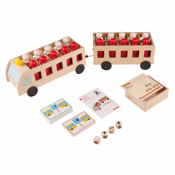 holzspielzeug, holzbus, spielzeugset, würfelspiel, dreiaufgabe