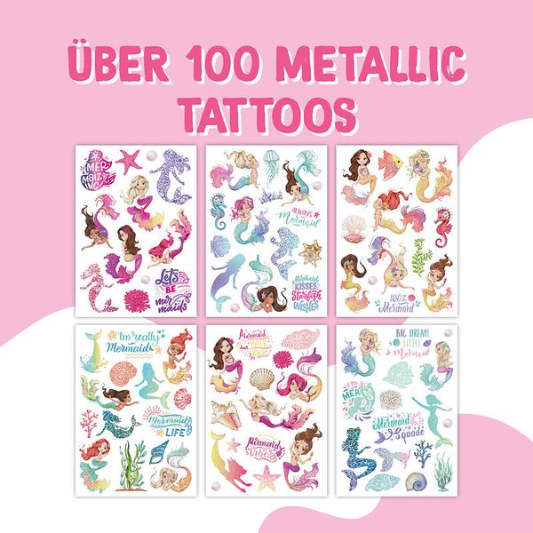 100 Kindertattoos zum Aufkleben - Glitzer Tattoo Set Meerjungfrauen (SONDERANGEBOT)