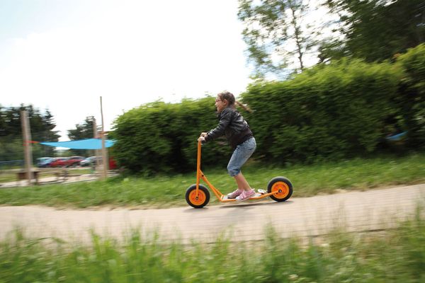Scooter, Kick scooter, Orange scooter, People riding, Outdoor