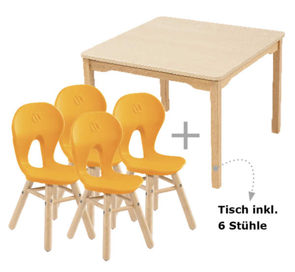 Tisch-Stuhl-Kombination, 1 Rechtecktisch (120 x 80 cm) + 6 Schalenstühle mit Holzfüßen, Farbe wählbar