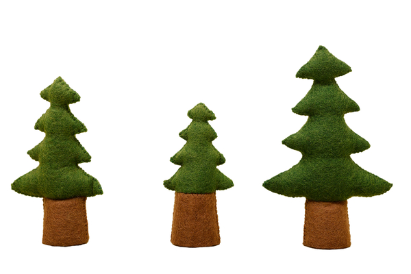 Miniature trees, Felt trees, Brown trunks, Green foliage, Three-piece set