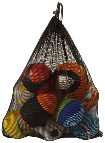 12 Sportbälle aus PU-Schaum im Netz,  Ø 10-12 cm, Rugbyball Ø 9 x 20 cm 12 Sportbälle aus PU-Schaum im Netz,  Ø 10-12 cm, Rugbyball Ø 9 x 20 cm