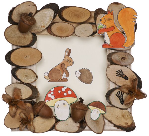 holzscheiben, rahmen, eichel, pilze, tiermotiv