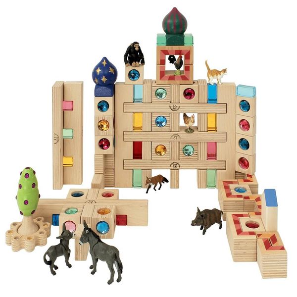 Holzspielzeug, Haus aus Holzteilen, Baukasten, Steineinlagen, Tierfiguren