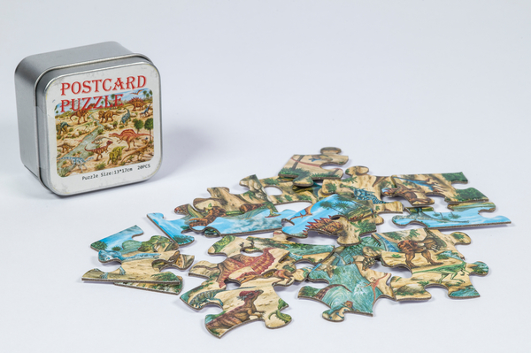 puzzle, jigsaw puzzle, miniature puzzle, dinosaurs, metal tin