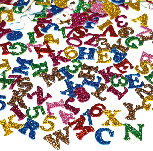 ELVIRAS Moosgummi Glitter Buchstaben + Zahlen-Mix, selbstklebend, 500 Stück