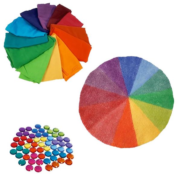 BAUSPIEL-Set aus Filzregenbogenkreis, Spieltüchern und Funkelsteinen BAUSPIEL-Set aus Filzregenbogenkreis, Spieltüchern und Funkelsteinen