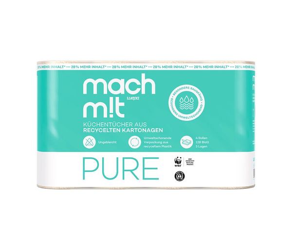 MACH M!T 100% Recycling Küchenrolle  - aus Liebe zur Natur, 3-lagig, 128 Blatt, 4 Rollen
