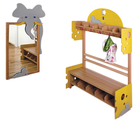 kid-size coat rack, shoe storage, wooden rack, yellow accents, animal decor