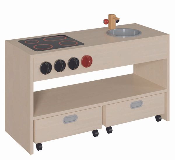 Kinderküche, Holzküche, Kochfeld, Spülung, Kipperschubladen