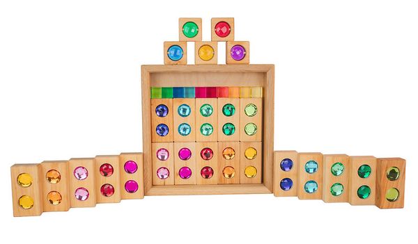 BAUSPIEL Kleine Farbstraße mit Lichtbauwürfel, im Holzkasten, 45-teiliges Set