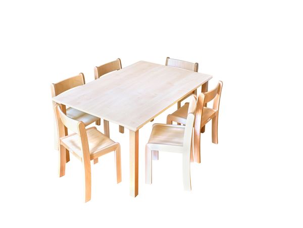 Tisch-Stuhl-Kombination Recto, zargenlos, Ahorn Dekor, Holzbeine Tisch-Stuhl-Kombination Recto, zargenlos, Ahorn Dekor, Holzbeine