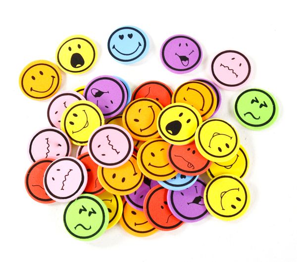emojis, smiley faces, colorful buttons, round pins, fun icons