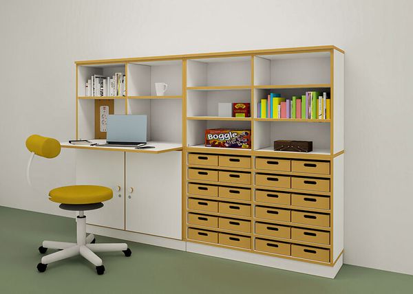 DECOR Gruppenraum-Büro Sekretär-Regal mit Steckdosenleiste,  Regal mit Eigentumsfächern und 24 Eigentumskisten