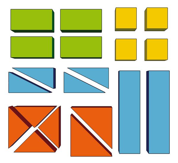 golf-clubs, green blocks, yellow blocks, blue rectangles, orange envelopes