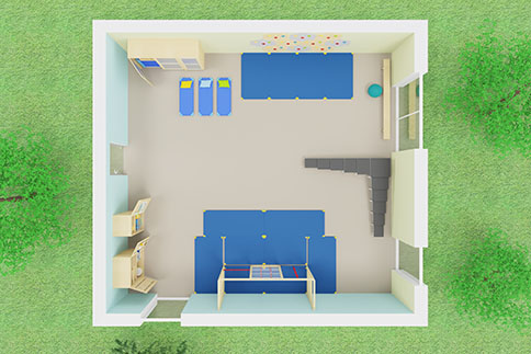 Darstellung eines Mehrzweckraumes in der Kita von oben