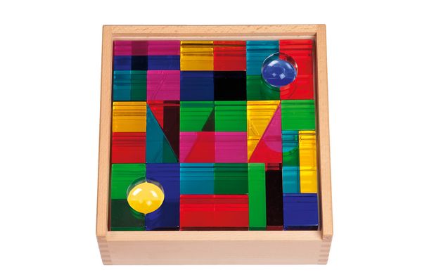 DUSYMA Luxy Leucht-Bausteine, glasklar und bunt, 94 Teile im Holzkasten DUSYMA Luxy Leucht-Bausteine, glasklar und bunt, 94 Teile im Holzkasten