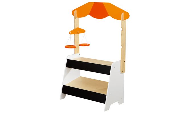 Spielzeugmarkt, Kinderregal, Holz, Orange, Regal mit Marktschirm