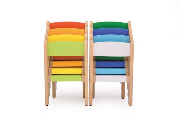 Tisch-Stuhl-Kombination mit 6 bunten Stühlen, Sitzhöhe wählbar Tisch-Stuhl-Kombination mit 6 bunten Stühlen, Sitzhöhe wählbar