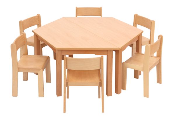 Tisch-Stuhl-Kombination Trapez, Buche, Sitzhöhe 30 cm / Tischhöhe 52 cm Tisch-Stuhl-Kombination Trapez, Buche, Sitzhöhe 30 cm / Tischhöhe 52 cm