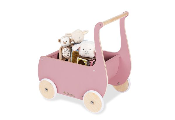 pink wagon, wooden wheels, kids wagon, soft toys, storage cart