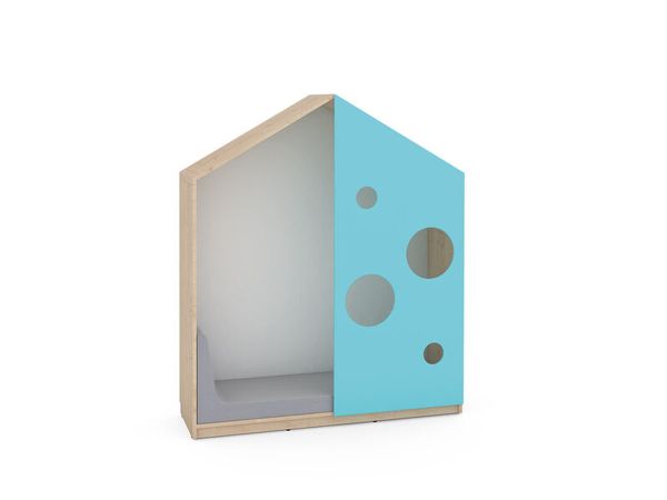 Kinderküche, Spielzeugschrank, Holz, Tür in Blau, Regal mit Kreisen