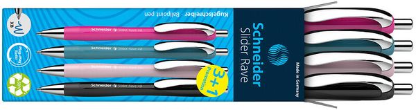 Schneider Kugelschreiber-Etui Slider Rave, 4 Stifte farbig sortiert, Mine in Blau