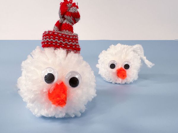pompom, handmade, snowman, red-orange nose, googly eyes