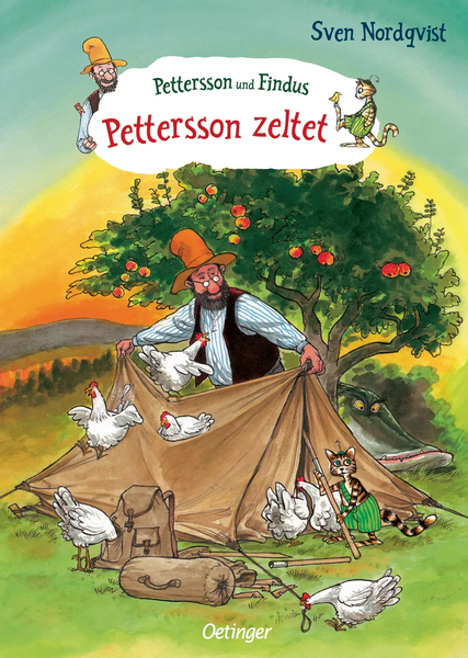 Wagen, Zelt, Hühner, Mann, Katzen, Garten, Wald, Sonnenuntergang, Illustration, Buch