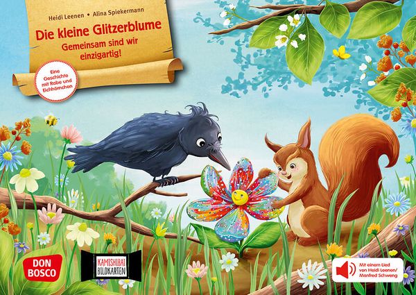 Kamishibai Bildkartenset - Die kleine Glitzerblume. Gemeinsam sind wir einzigartig! Eine Geschichte mit Rabe und Eichhörnchen