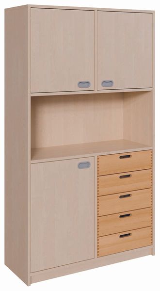 Schrank mit 5 Massivholzschüben, Türen, offenes Fach (B/H/T: 102 x 180 x 40 cm)