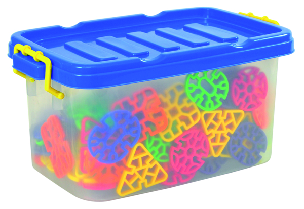 Kunststoffbox, Aufbewahrungsbox, Bunte Steckteile, Lego-ähnliche Spielteile, Kunststoffdeckel