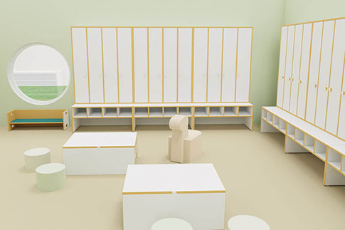 Raum für die Gaderobe mit Sitzmöglichkeiten im Kindergarten