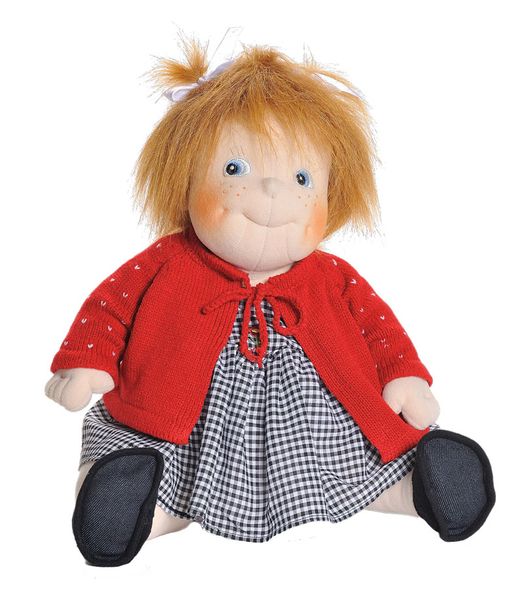 Puppe, Kinderpuppe, Rotjacke, Vichy-karo Kleid, Haare orange