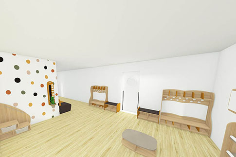 Raum für die Gaderobe mit Sitzmöglichkeiten im Kindergarten