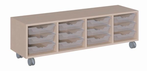 Regal fahrbar mit 12 flachen ErgoTray Boxen (B/H/T: 139 x 42,5 x 40 cm)