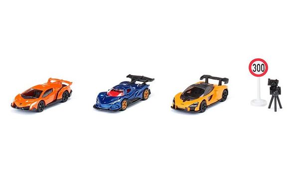 SIKU Geschenkset Supercars, 3 Spielfahrzeuge + Schild & Blitzer, ab 3 Jahre
