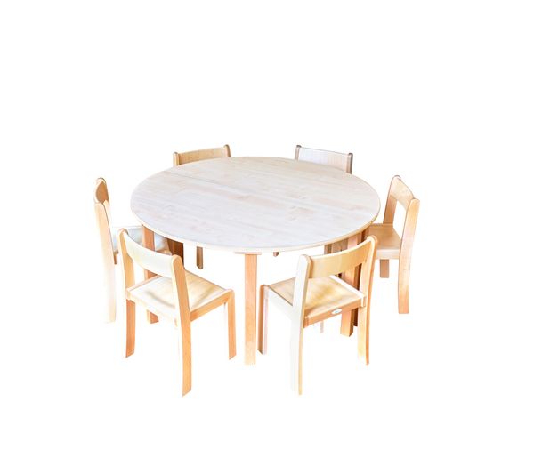 Tisch-Stuhl-Kombination Rund, zargenlos, Ahorn Dekor, Holzbeine Tisch-Stuhl-Kombination Rund, zargenlos, Ahorn Dekor, Holzbeine