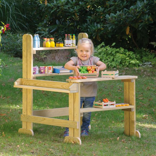 Holzspielzeug, Kinderspiel, Marktkiosk, Obst, Regal