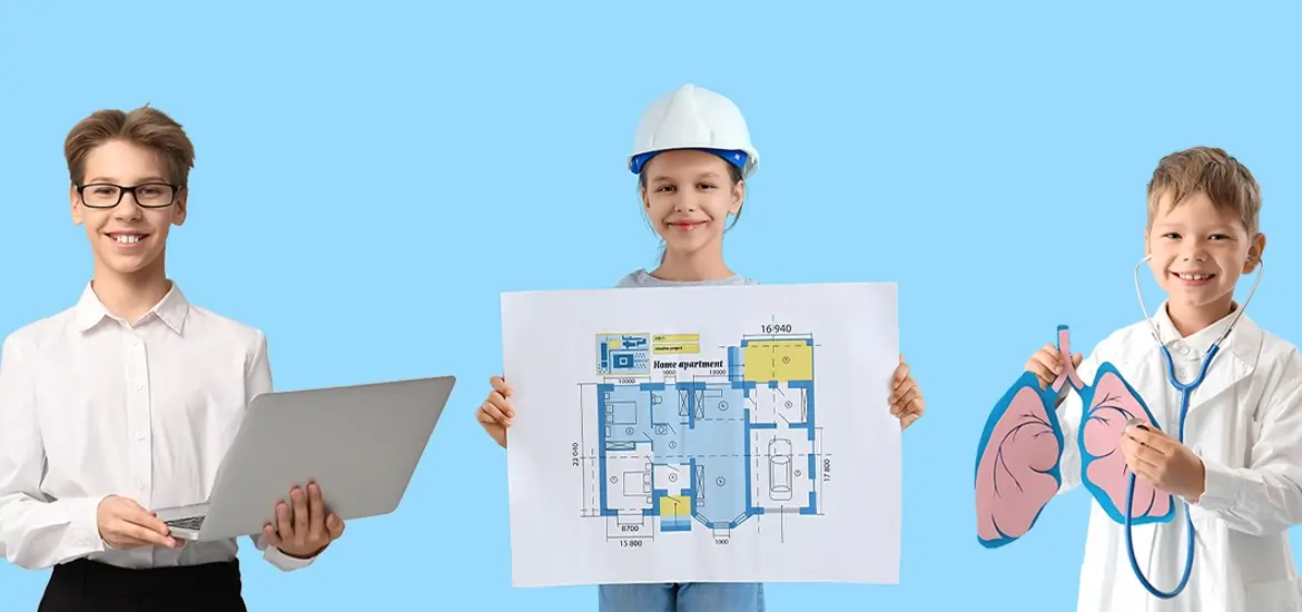 kinder, bauplan, laptop, konstruktion helm, lungenstethoskop