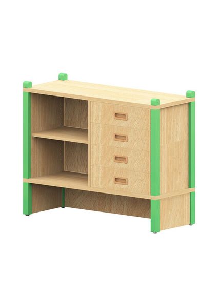 BasicPlus Stollensockelnischenschrank, mit 4 Schubkästen rechts, Regal links mit einem Einlegeboden