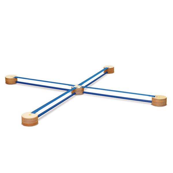 balance-gear, cross-sticks, blue-strips, wooden-pads, tiered-cross