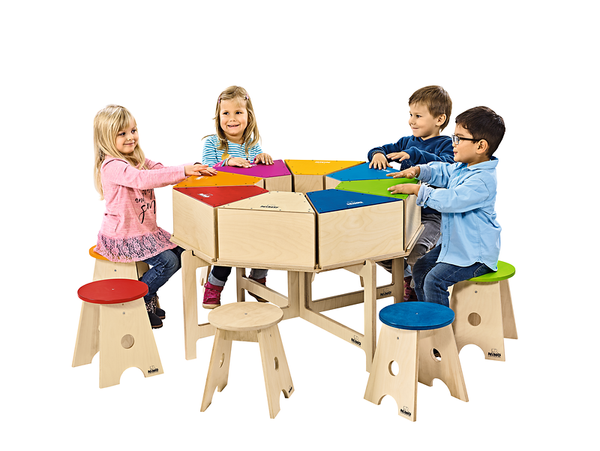 Holzspielset, Kinderstuhl, Tischset, Bunte Würfelsegmente, Kreuztisch